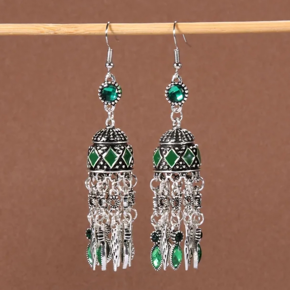 Jhumkas Earrings Green Rhinestones and Silver Drop Chandelier Earrings